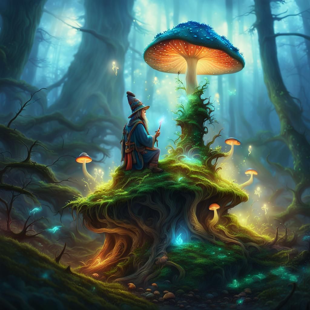 Mushroom Shaman Casting Spells in Misty Forest