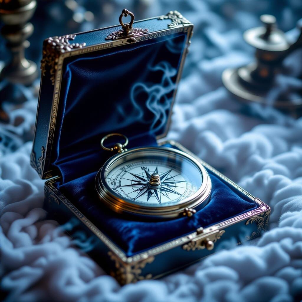 Silver Compass on Velvet Cushion in Glass Case