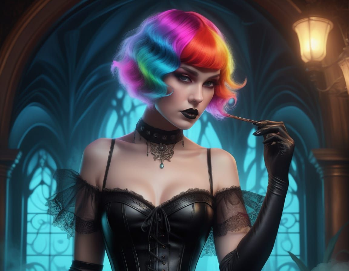 Gothic Flapper Dances Before Smoke Fountain, Art Nouveau Sty...