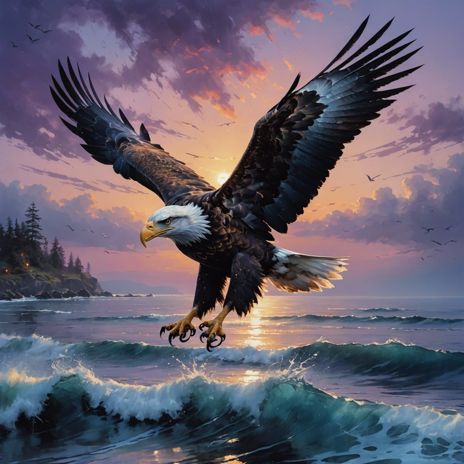 Eagle Soaring at Sunset in Detailed Digital Art