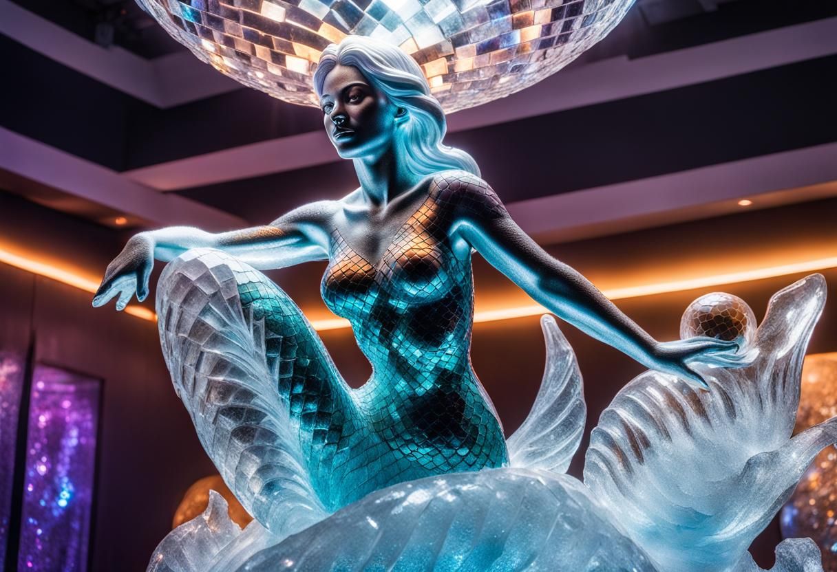Hyperrealistic Ice Mermaid Sculpture with Disco Lighting