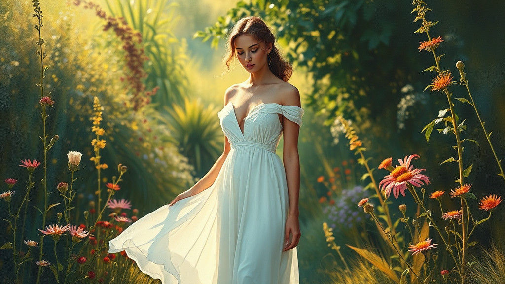 Woman in White Gown in Sunlit Garden