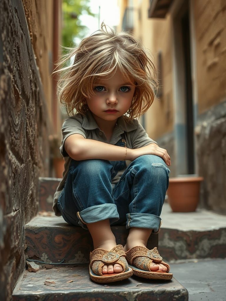 Bohemian Girl on Ornate Steps: Rococo-Inspired Portrait