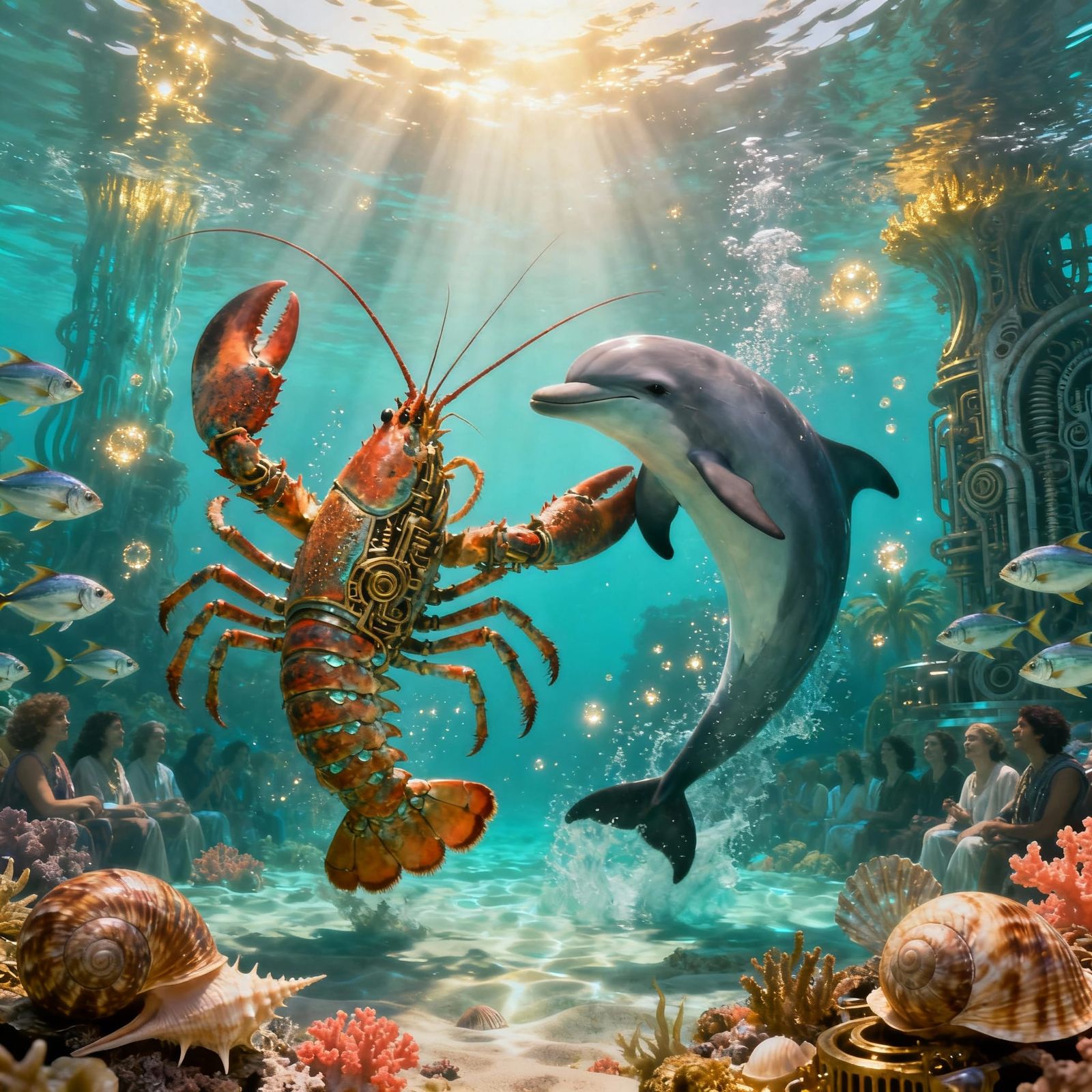 Lobster and Dolphin Waltz in Caribbean Sea