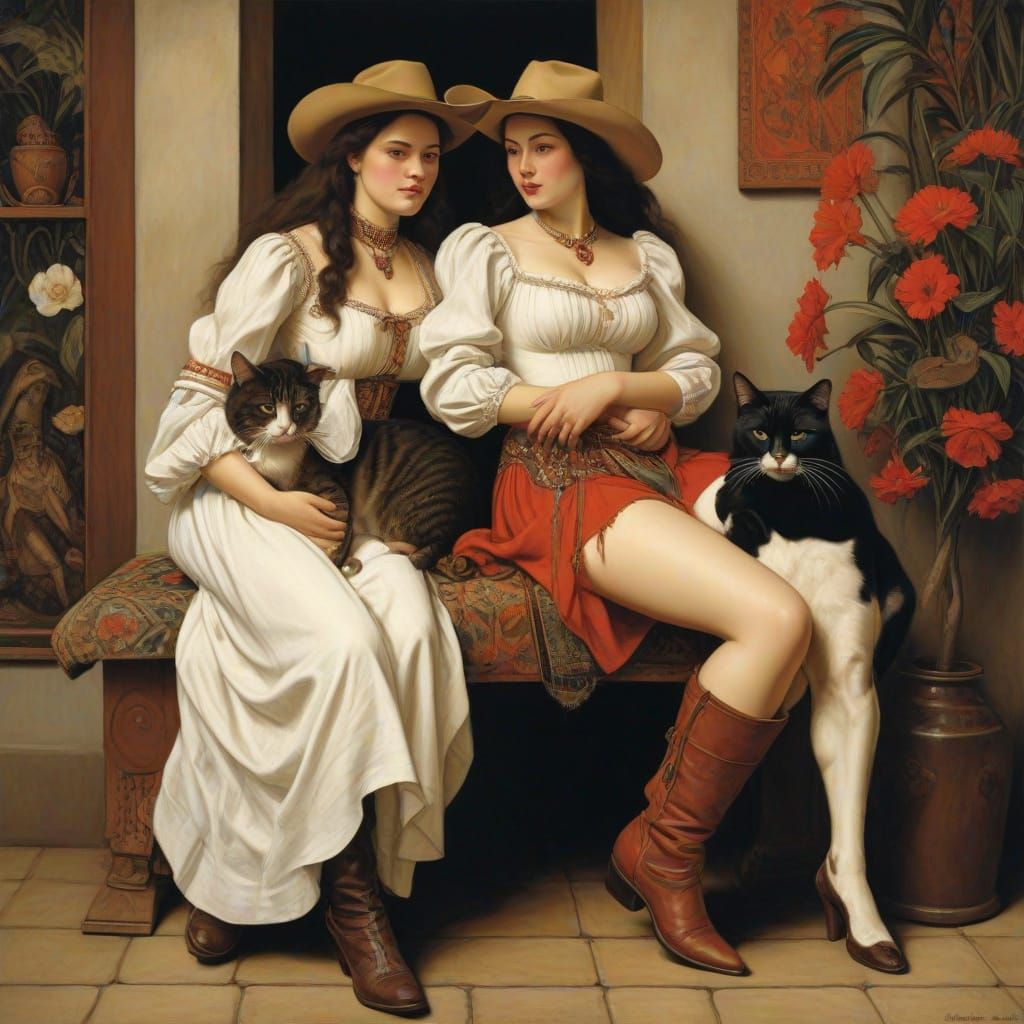 Cowgirl and Cat Dancing Rumba in Artistic Style