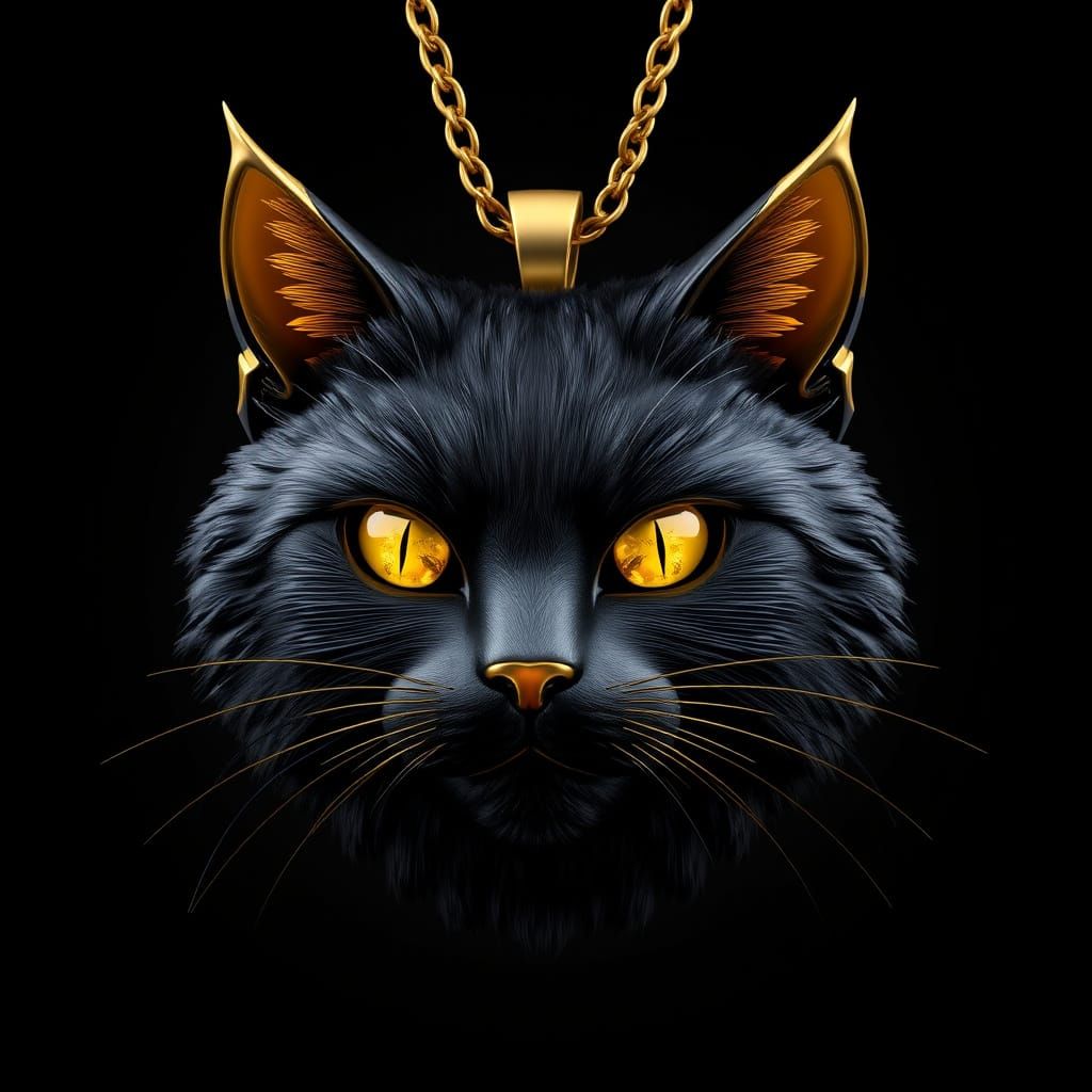 Majestic Siberian Black Cat Pendant in Intricate Gold with F...