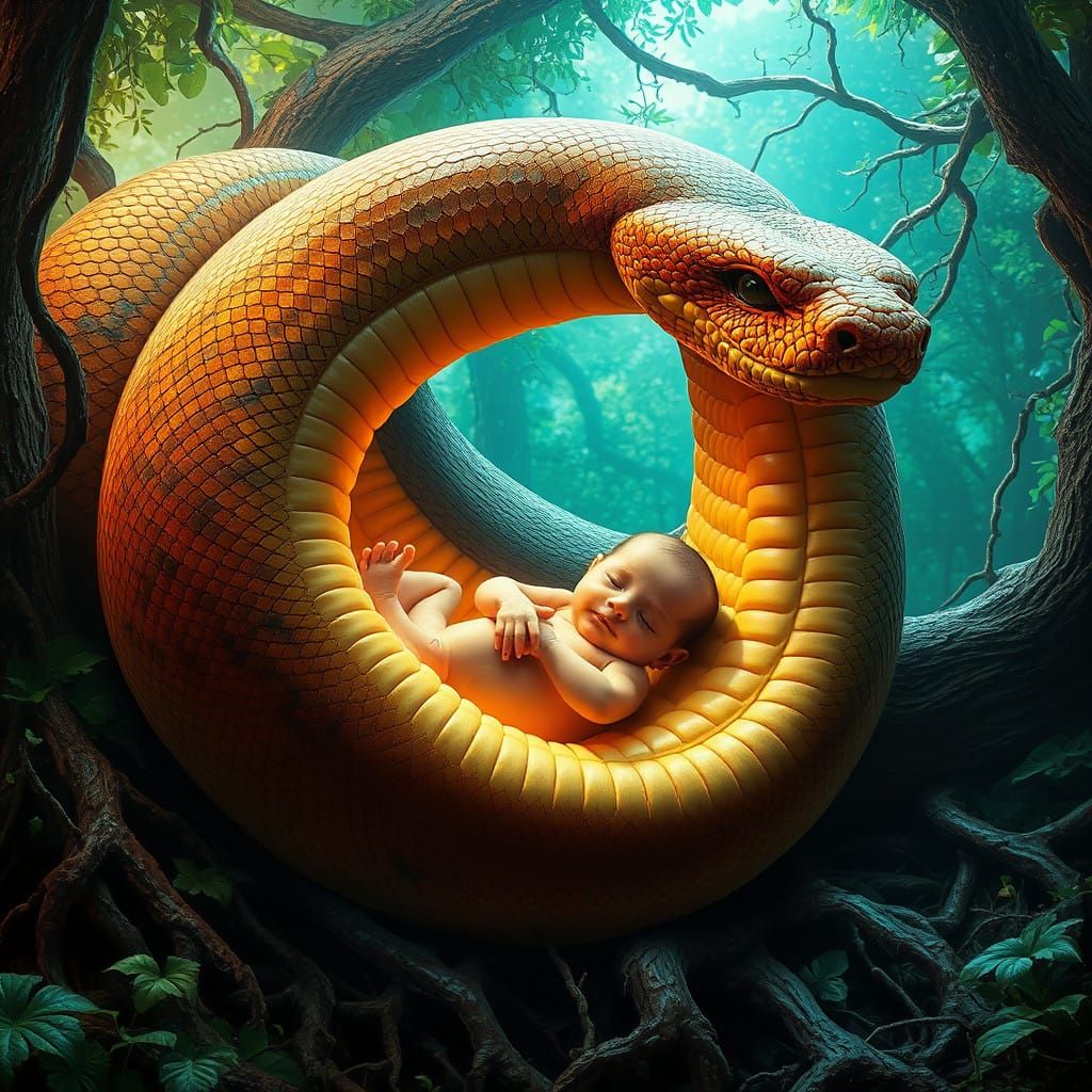Mystical Boa Snake Devours Newborn in a Vibrant, Primordial...