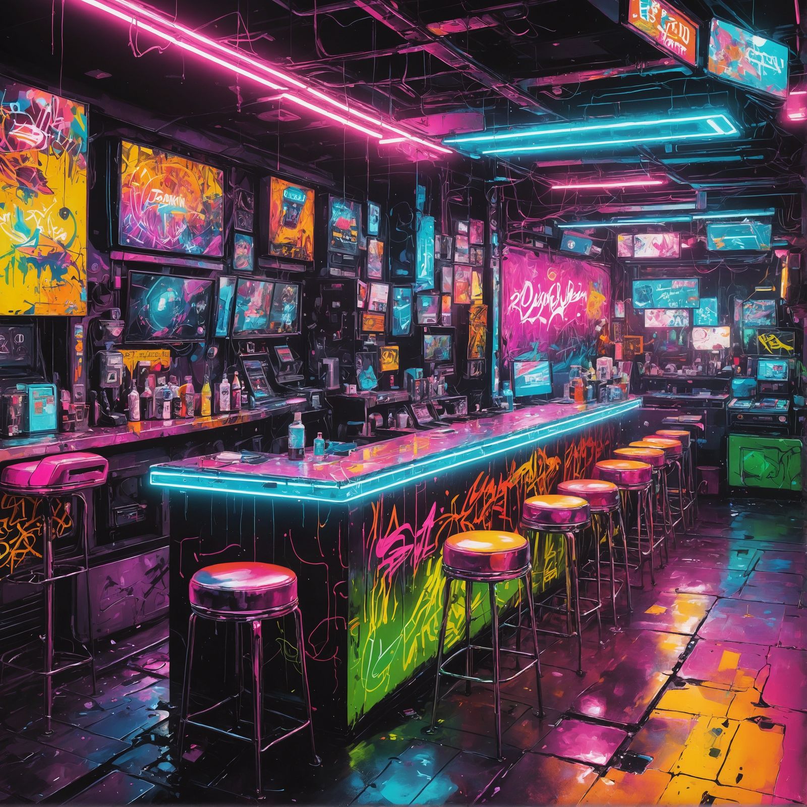 Neon Cyberpunk Cafe with Graffiti Art
