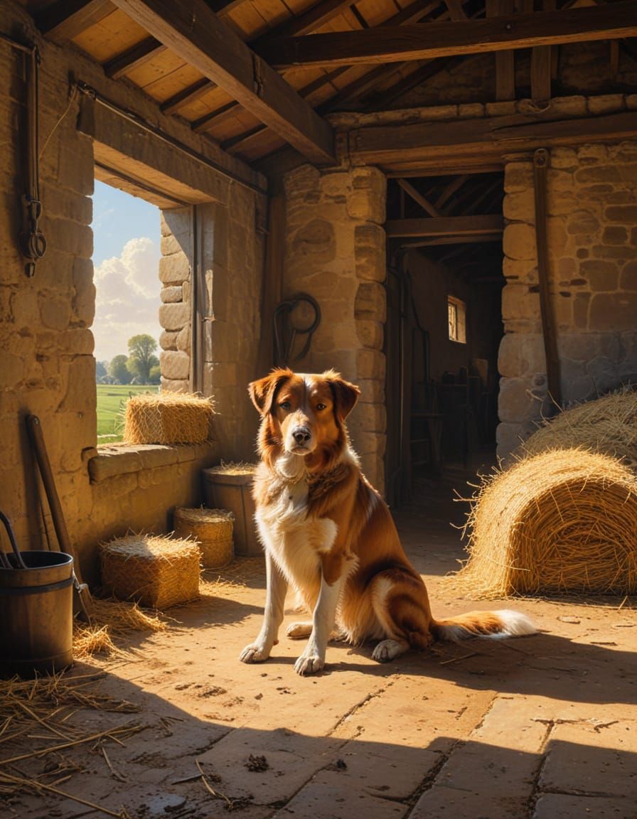 Serene Farm Scene in Earthy Oil Painting Style