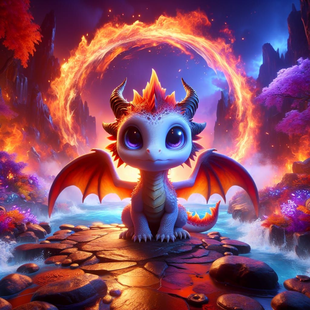 Cute Fire Dragon in a Matte Painting