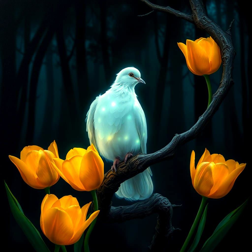 Bioluminescent Dove with Golden Tulips: Oil Painting