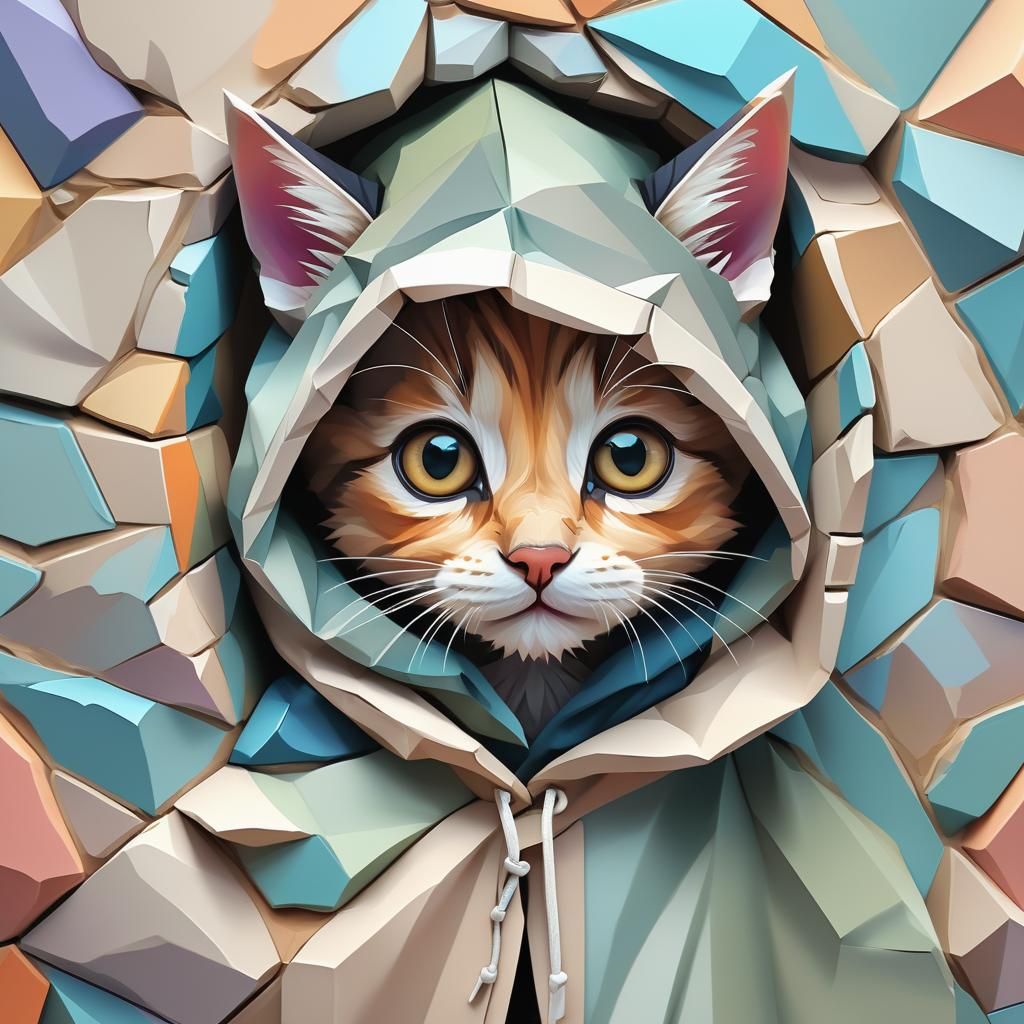 Cute Kitten in Cloak: Low-Poly 3D Illustration