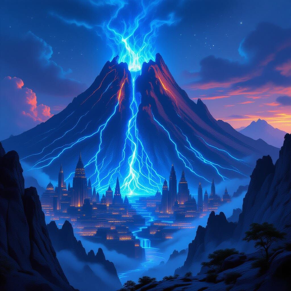 Elven City Inside Volcano Under Twilight Sky