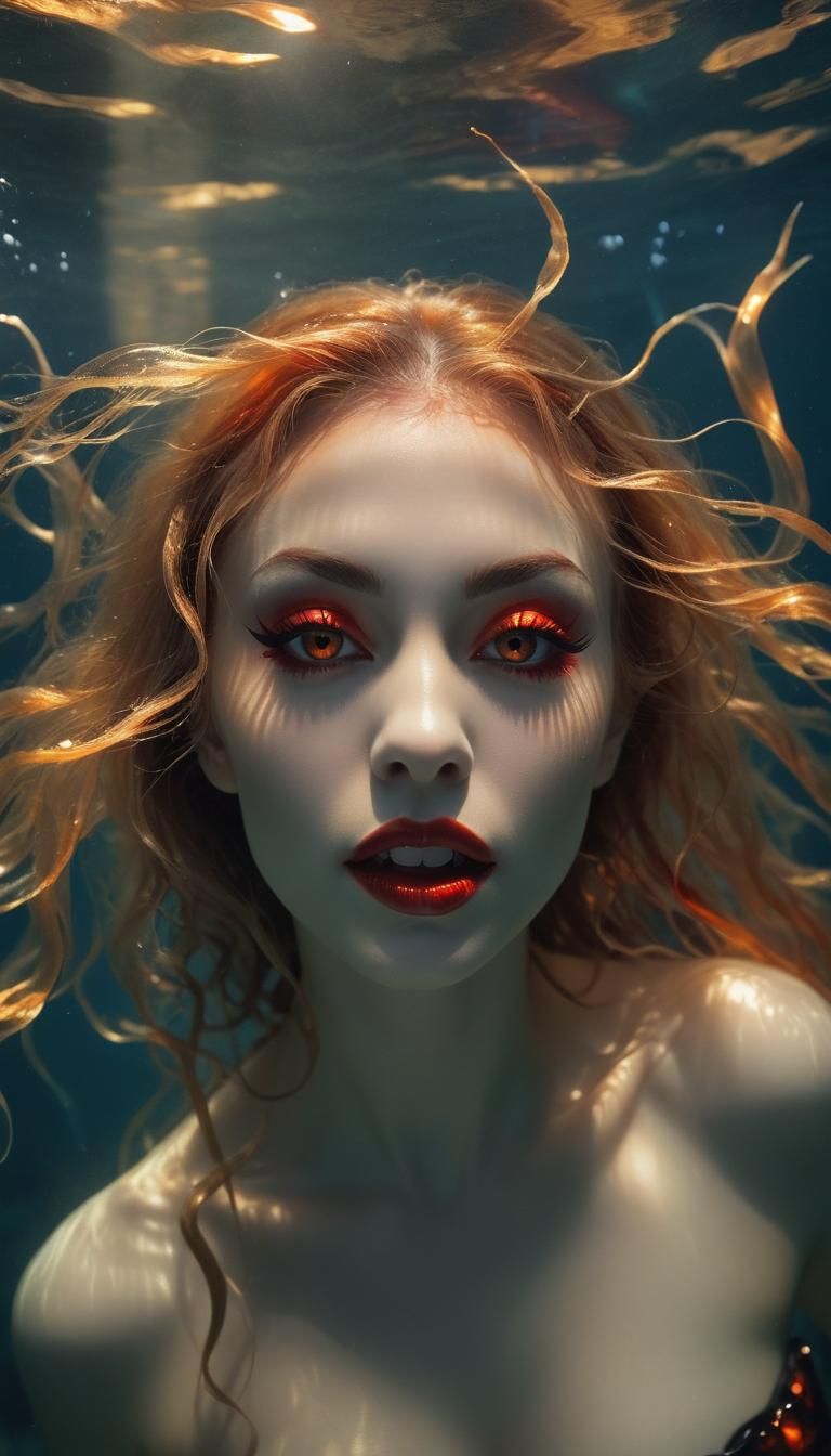 Vampire Mermaid Under Ocean Waves with Sunbeams