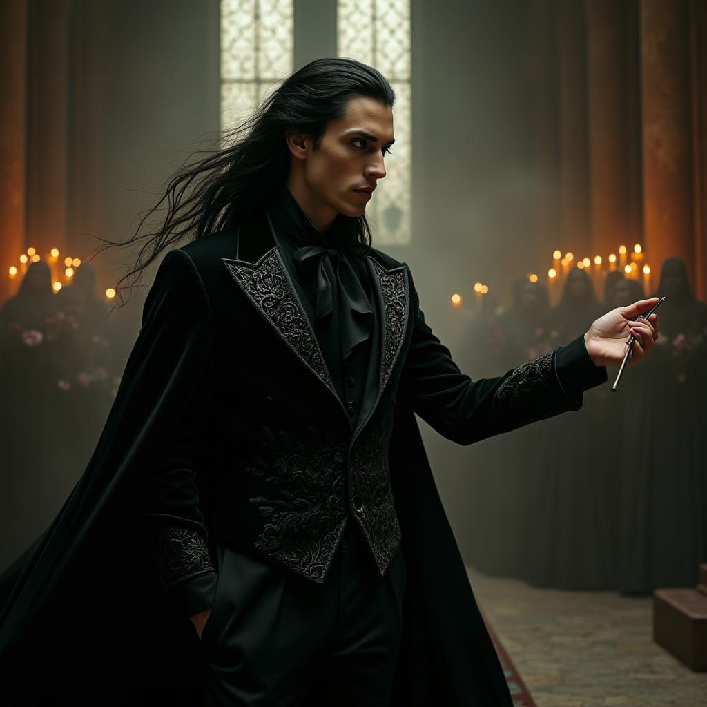 A dashing, handsome vampire lord with long, flowing black hair and piercing emerald eyes, clad in an impeccably tailored...