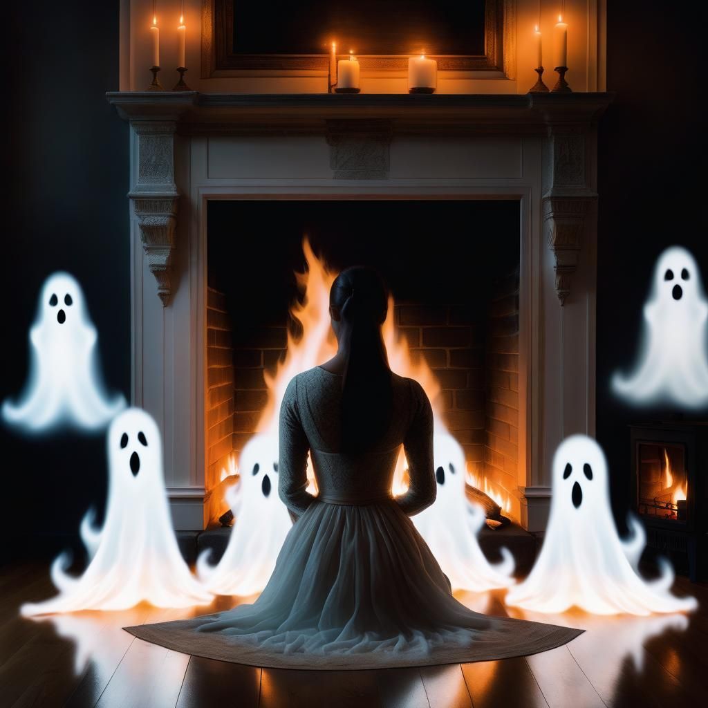 Woman Kneeling with Ethereal Ghosts