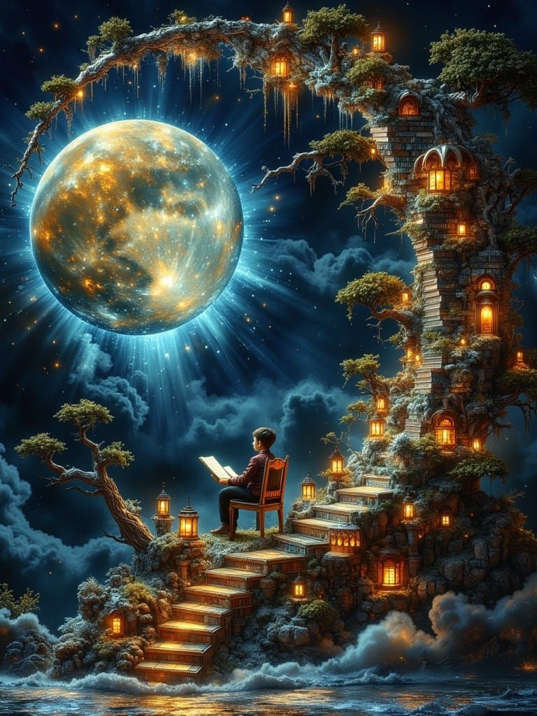A Young Boy Reads in a Dreamlike Lunar Library