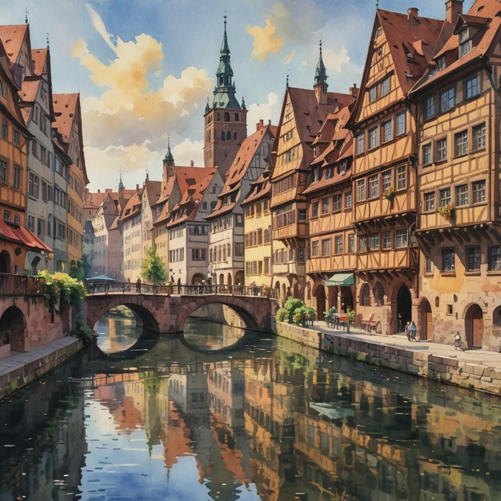 Nuremberg in Gouache Style Watercolor Painting