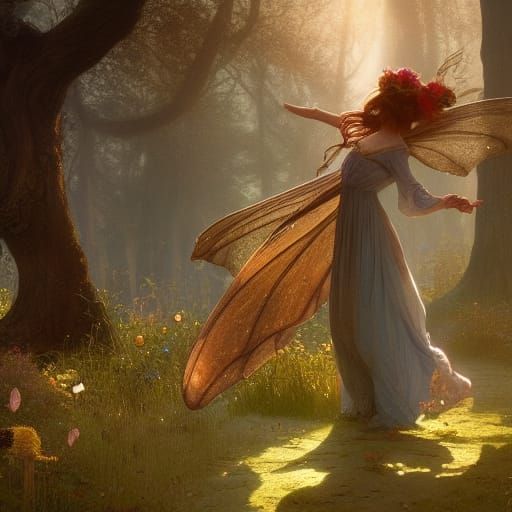 Faerie Dancing by Mushroom House, Art Nouveau Style