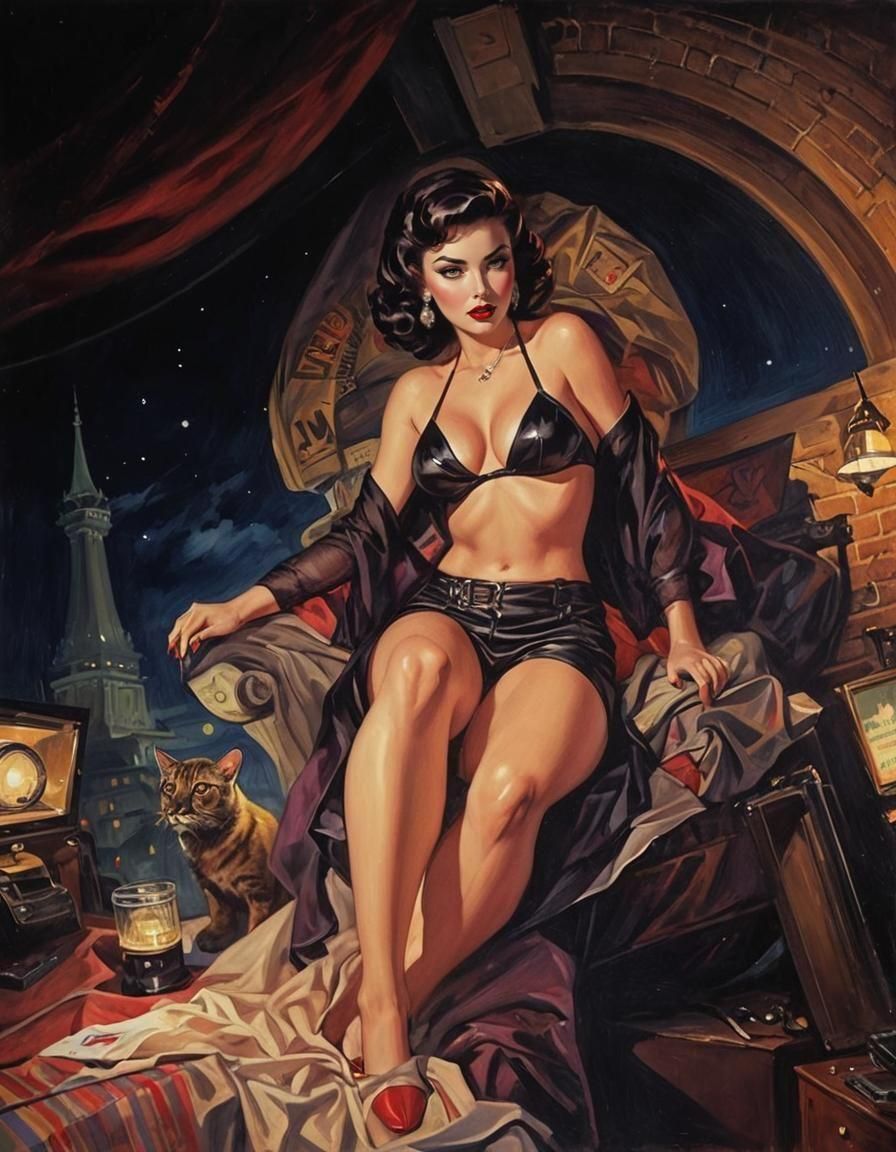 1950s Pinup in Noir Night Painting