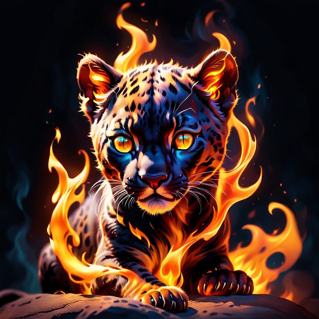 Fiery Baby Panther Portrait in Fantasy Concept Art