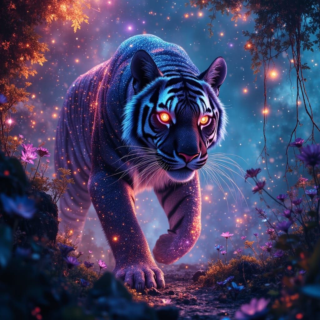 Bioluminescent Saber-Toothed Tiger in Alien Jungle
