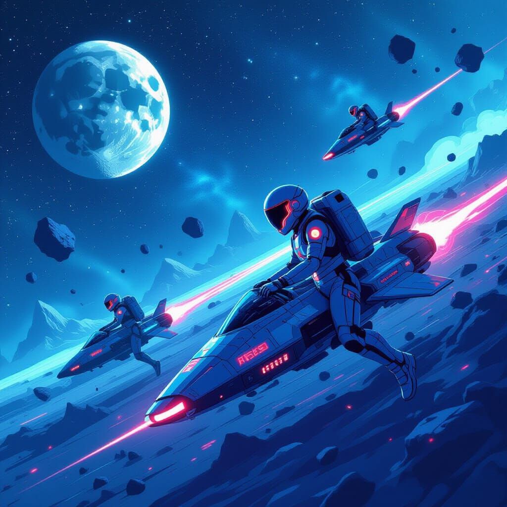 Retro Mech Pilots in Starry Cosmos: 8bit Cel-Shaded Art