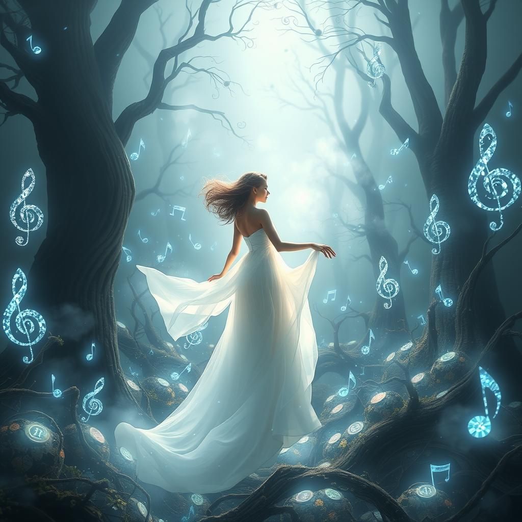 Ethereal Woman in Musical Forest, Dreamlike Digital Art