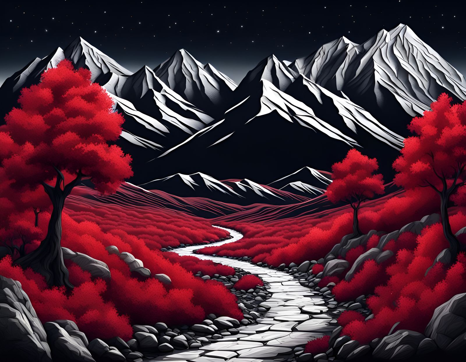 Whimsical Red Fantasy forest, mountains, path