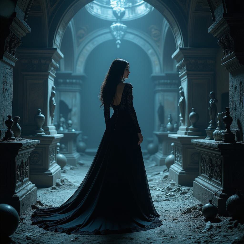 Gothic Woman in Ancient Sepulcher, Surreal Horror Art