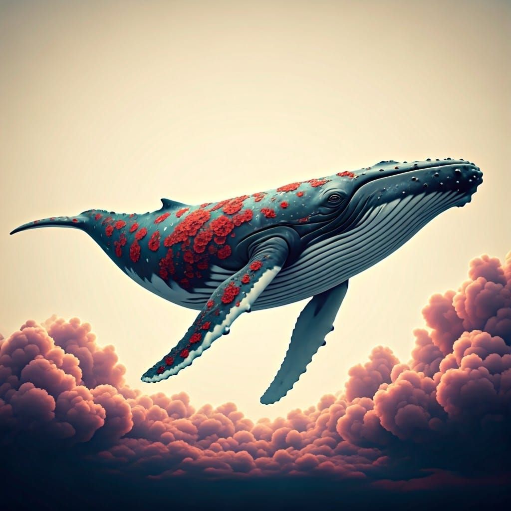 Whale with Flower Skin in Dreamlike Clouds