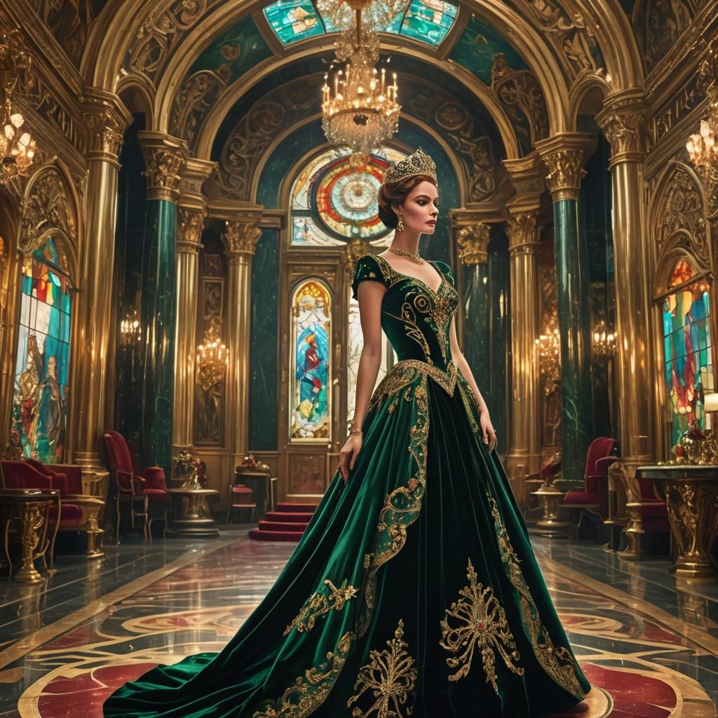 Elegant Woman in Emerald Gown, Baroque Ballroom