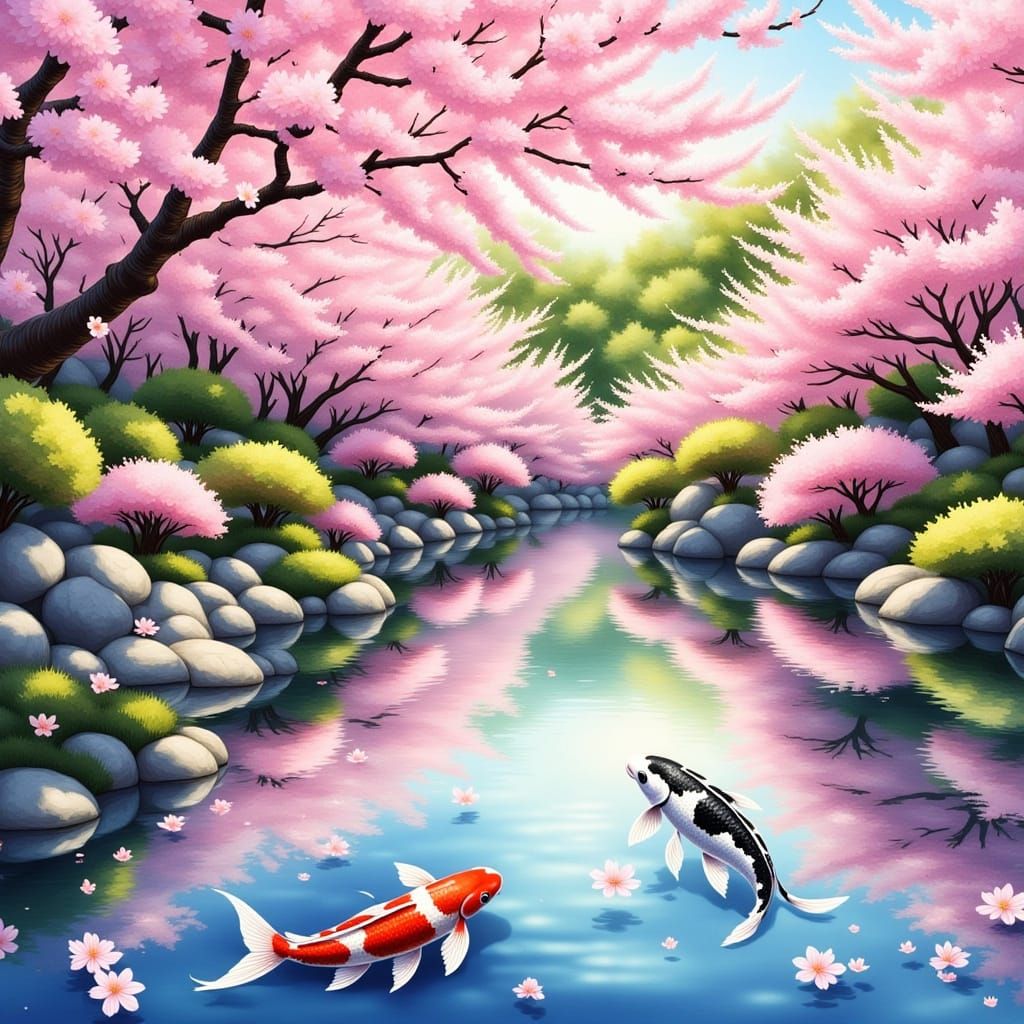 Traditional Japanese Garden Scene with Cherry Blossoms and K...