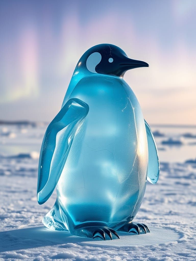 Translucent Ice Penguin Sculpture on Frozen Lake