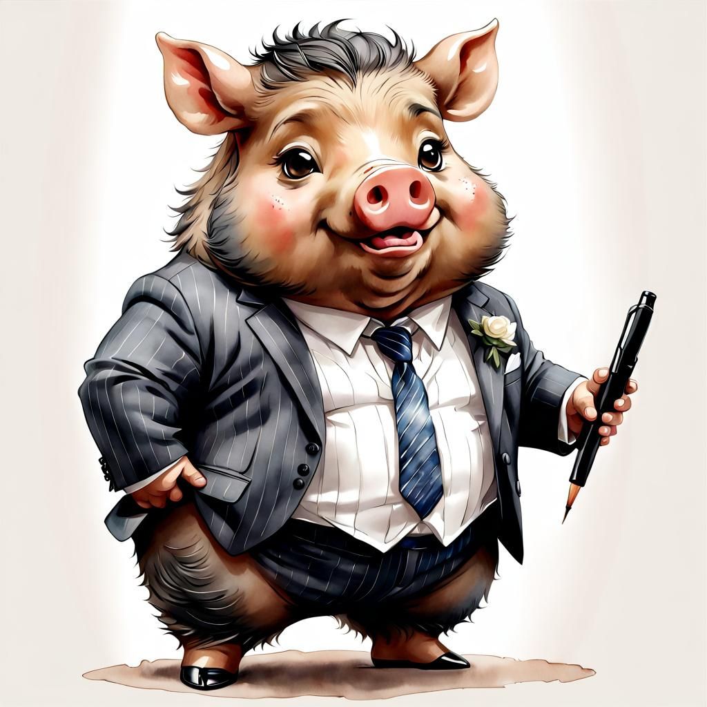 The Boar in the Boardroom, chibi style, watercolour