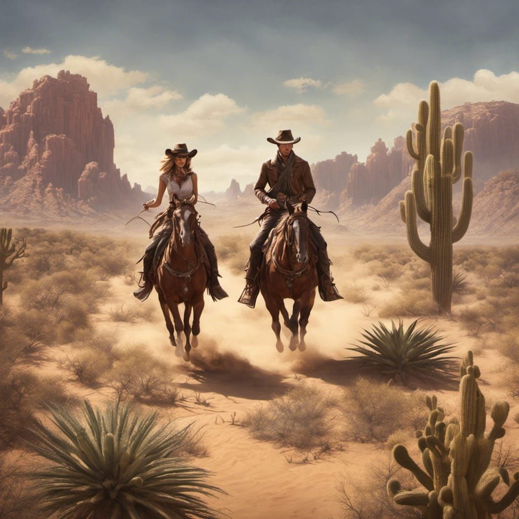 Cowboy and Cowgirl Ride Through Desert Landscape