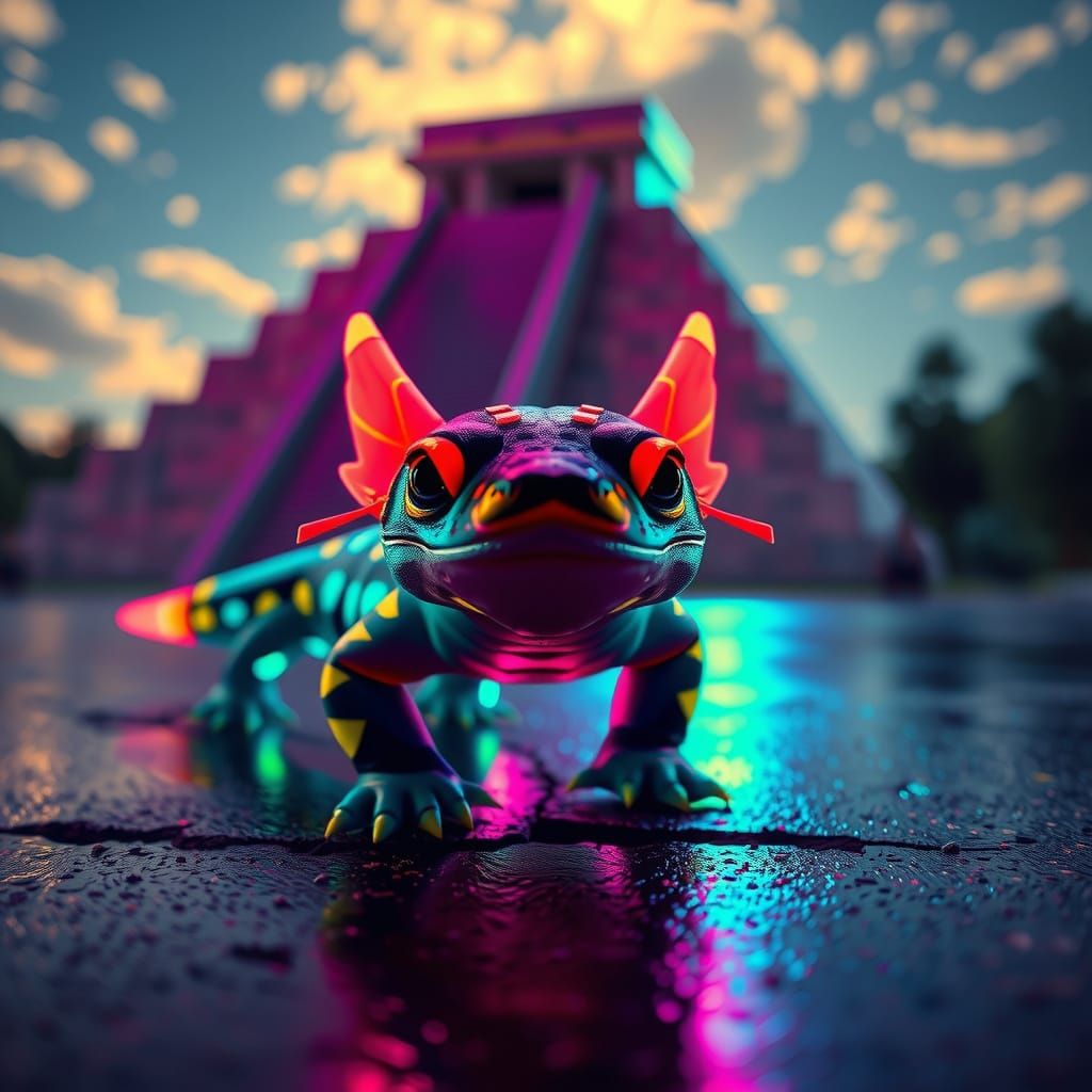 Cyberpunk Axolotl Explores Neon Mayan Pyramid