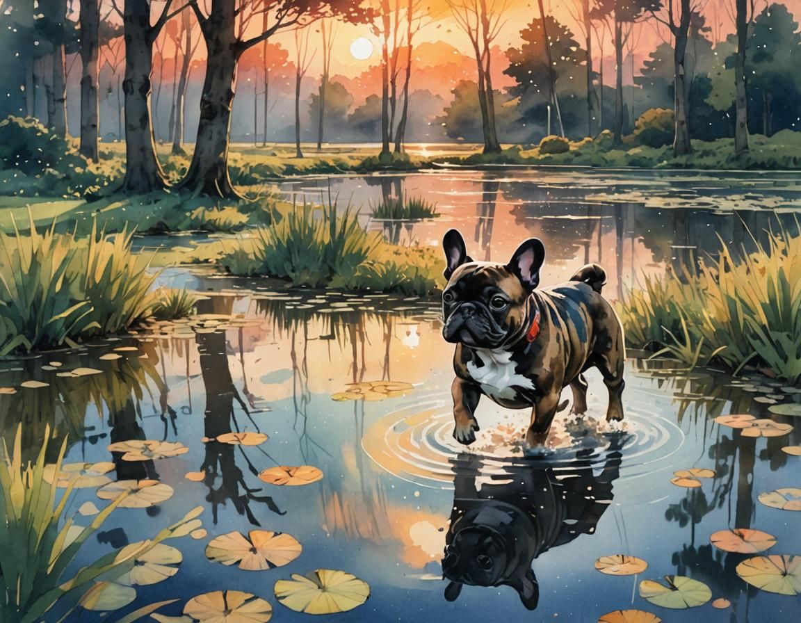 Brindle French Bulldog Running in Sunset Field: Anime Key Vi...
