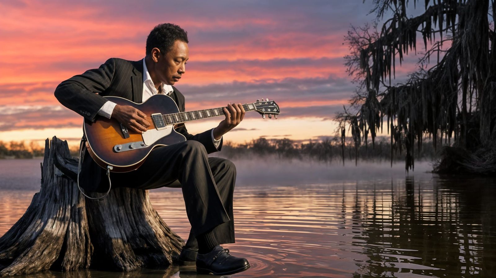 Muddy Waters Playing Guitar in Foggy Mississippi Sunset