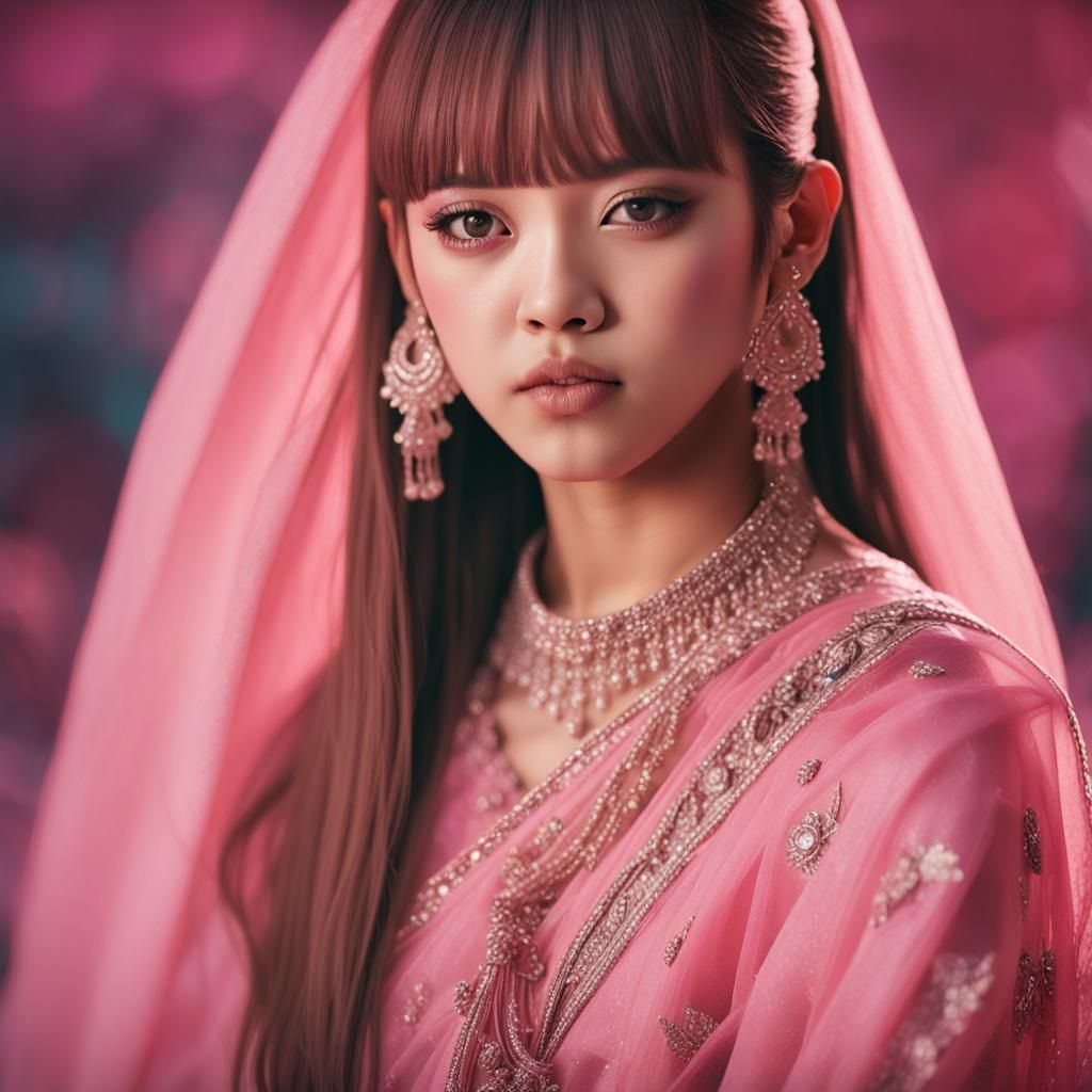 Lalisa Manoban in Pink Saree, Hyperrealistic Portrait