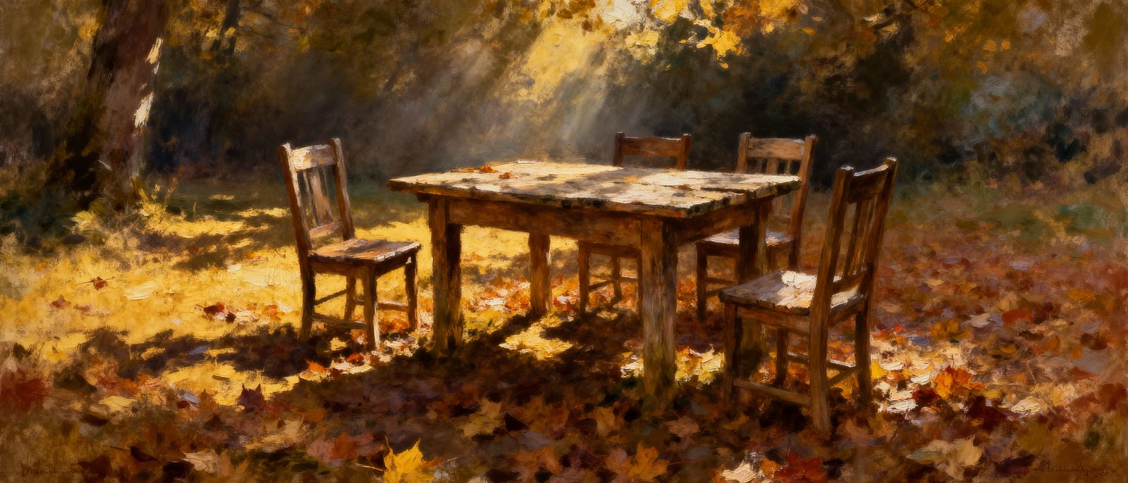 Serene Autumn Clearing with Rustic Chairs