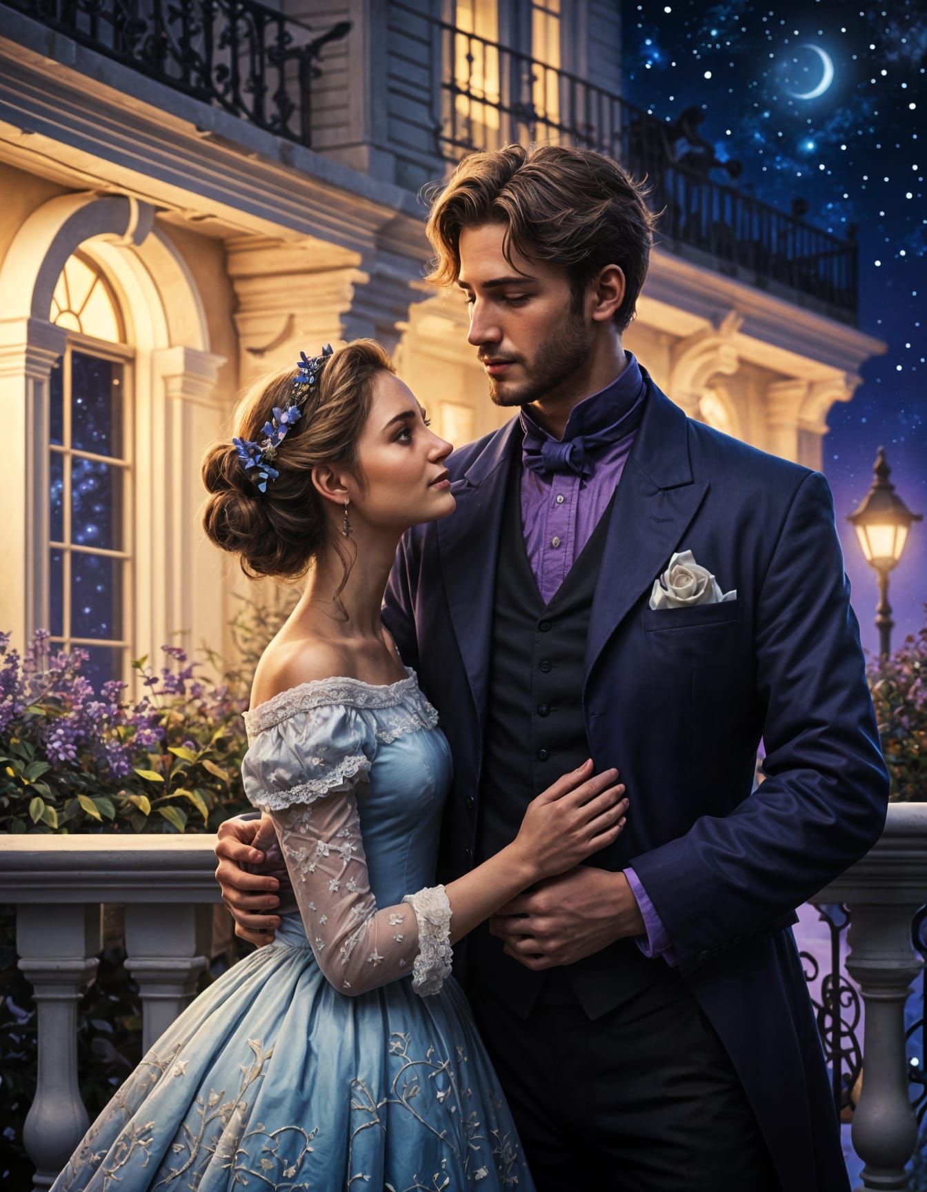 Loving Couple Silhouetted by Moonlight: Digital Painting