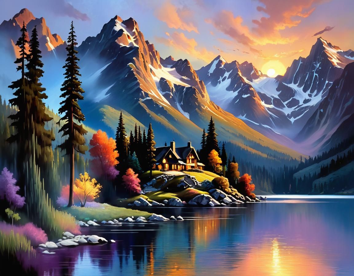 Rocky Mountain Sunset in Whimsical Watercolor Style