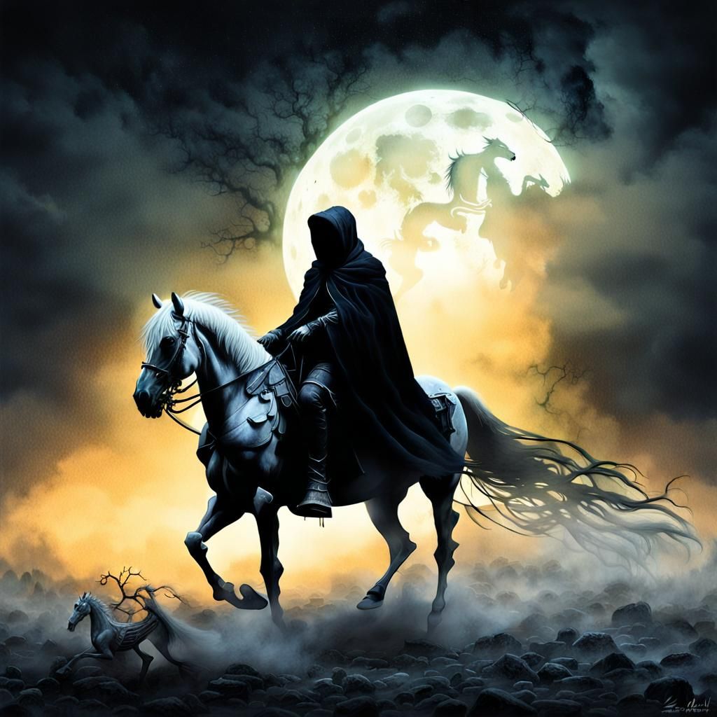Headless Horseman on Skeletal Horse in Dreamlike Digital Art