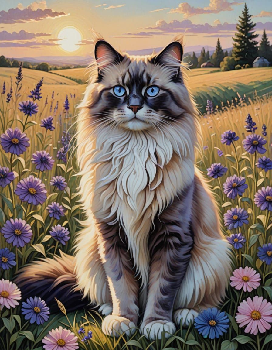 Ragdoll Cat in Field of Flowers Oil Painting