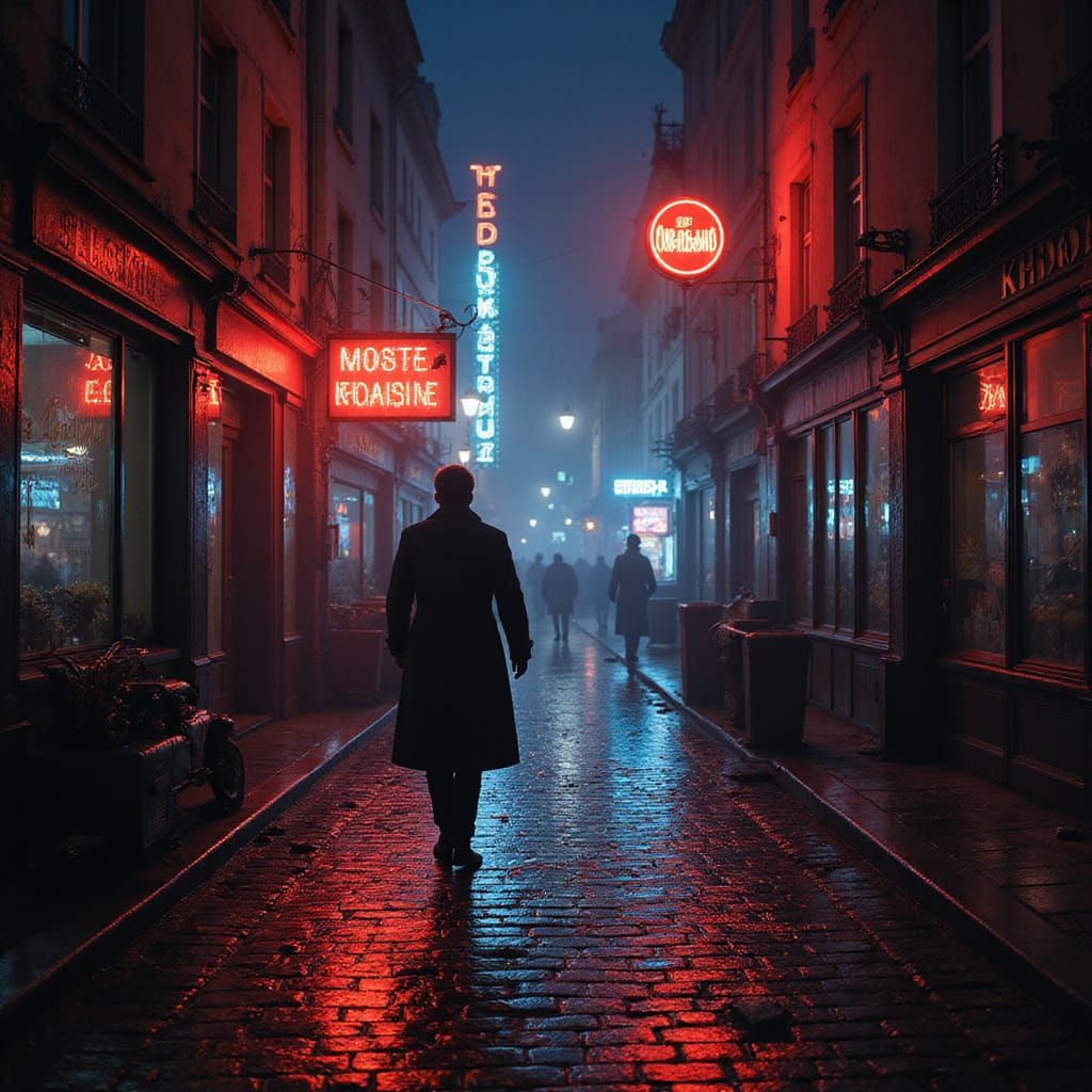 Vintage Parisian Street at Night with Neon Glow