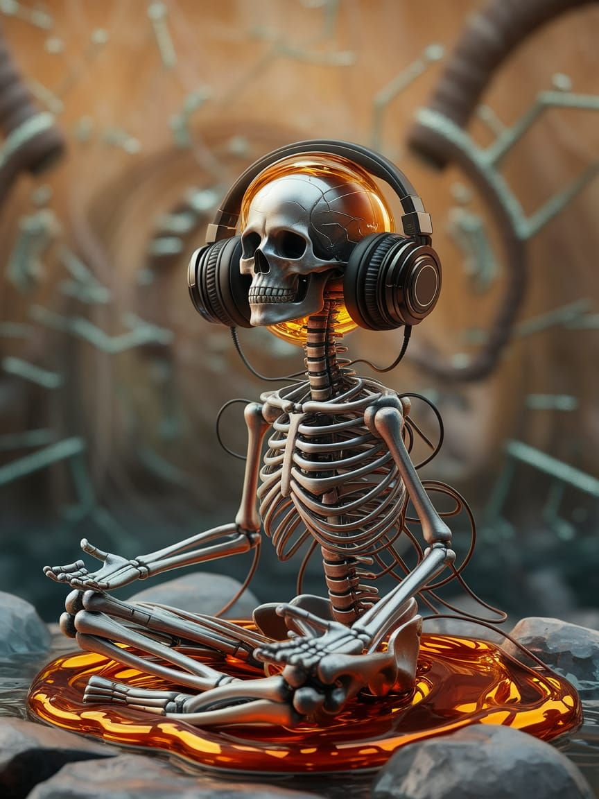 A skeleton meditating wearing headphones, behind glass encased golden amber ooze. celestial-art, highly detailed, dynami...