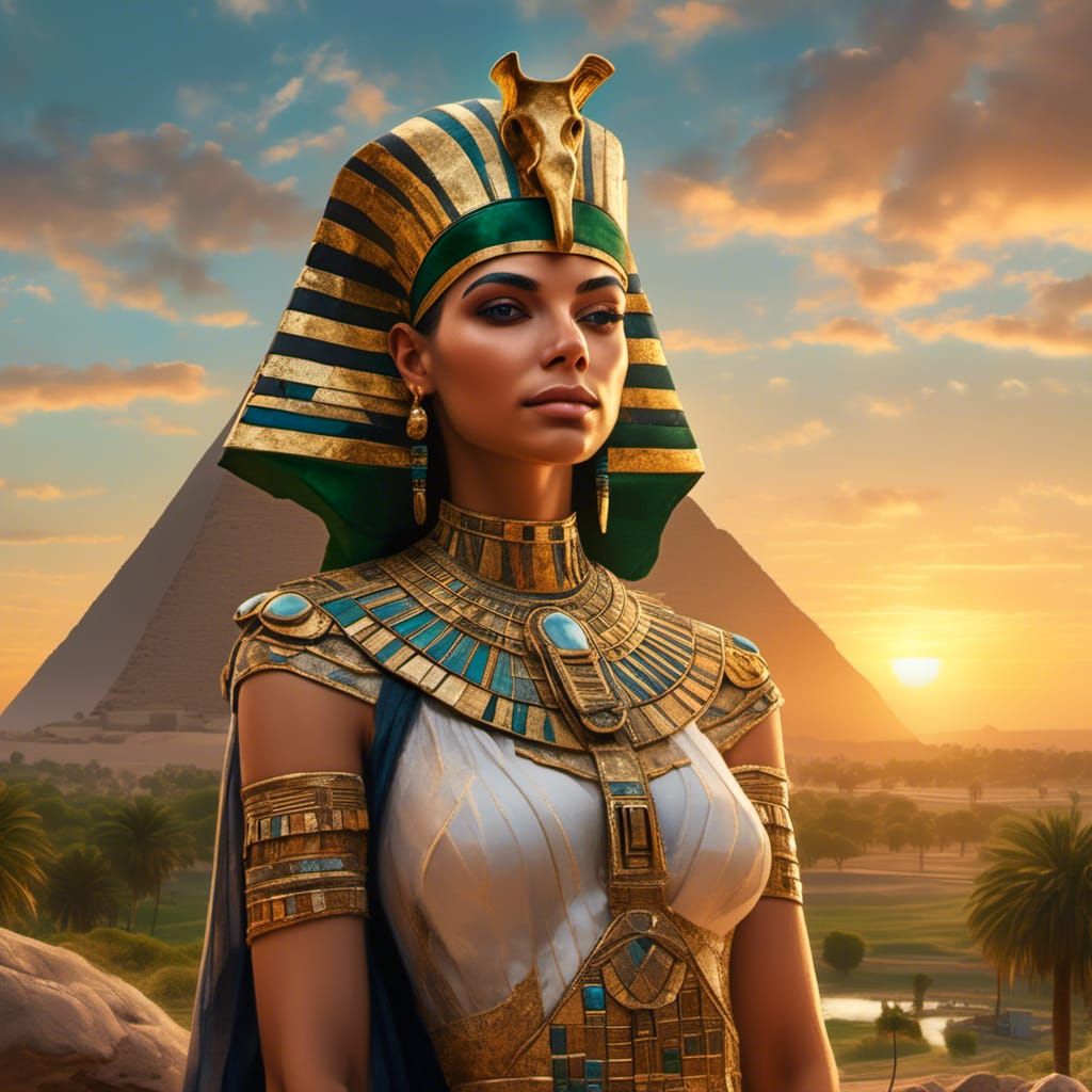 Egyptian Pharaoh Hachesput Portrait with Sunset Landscape