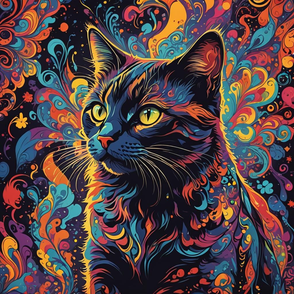 psychedelic,colorful,silhouette of a cat in your dark mind