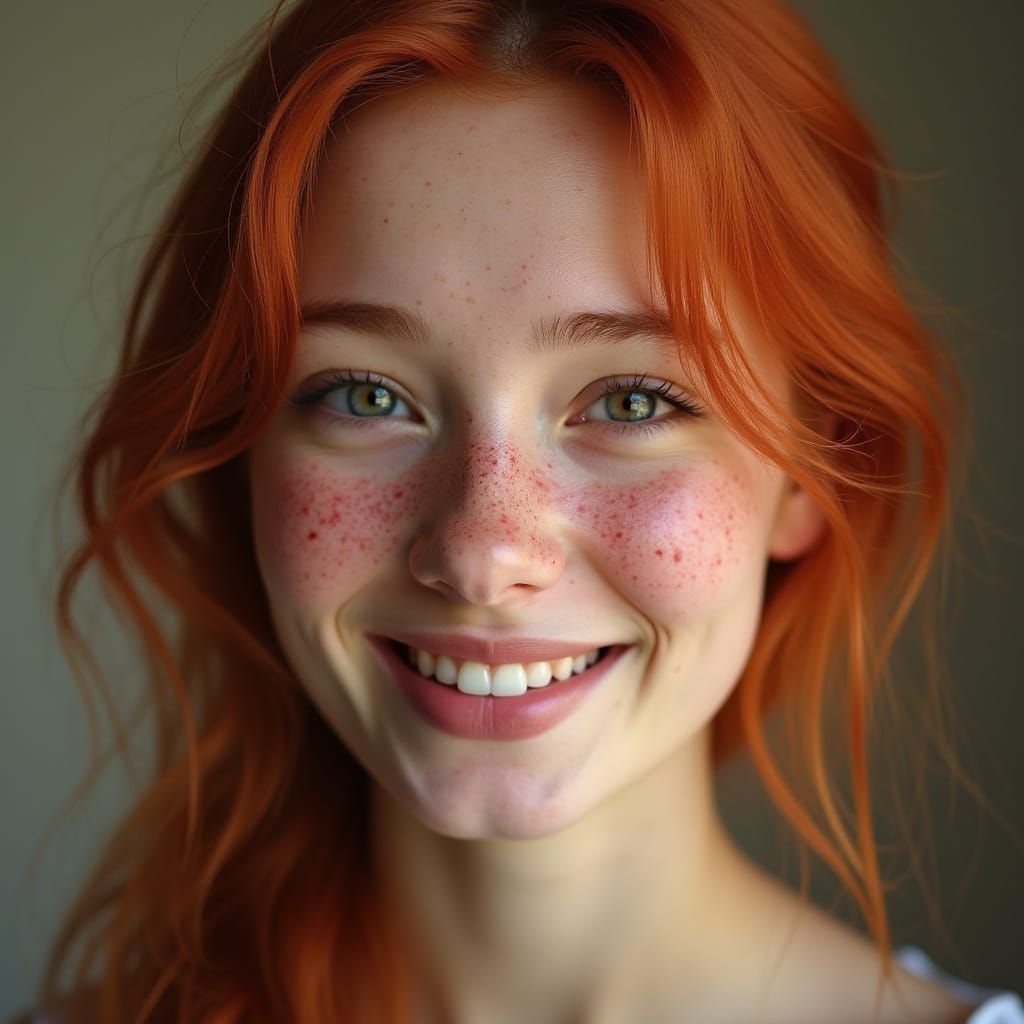Hyper-Realistic Portrait of a Young Woman with Vibrant Red H...